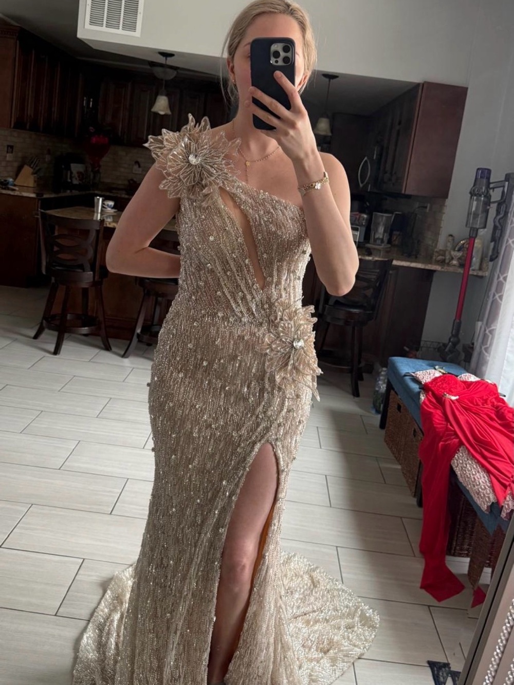 One-Shoulder Sequin Evening Gown in Champagne